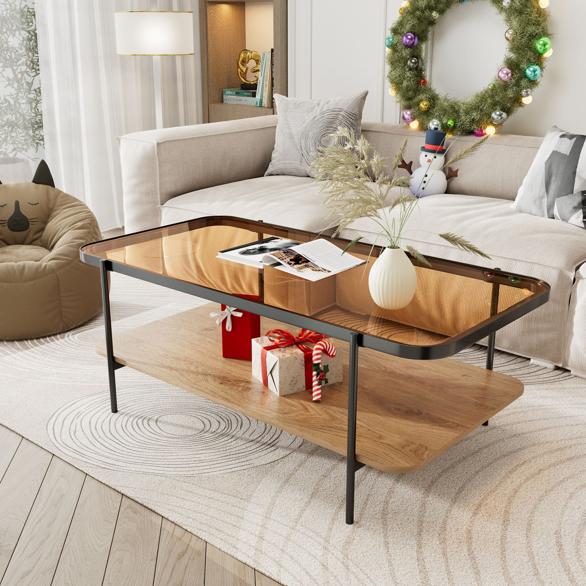 Brown Glass Top Coffee Table with Black Metal Legs, 2 Shelves - Latitude Run, image size:2000x2000