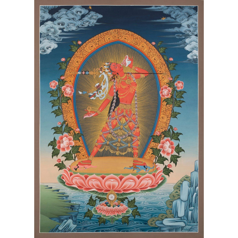 Saravabuddha Dakini-Vajrayogini dans des couleurs de style tibétain avec de l'or pur 24 carats (Thangka sans brocart)