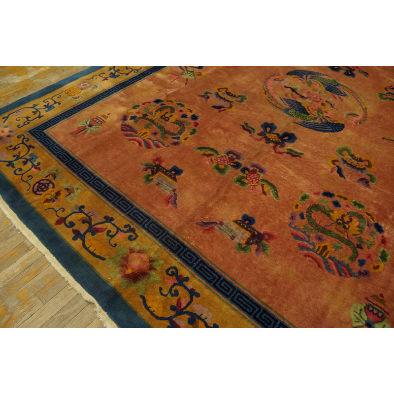 Antique Art Deco Room Size Wool Coral / Salmon / Pink Rug
