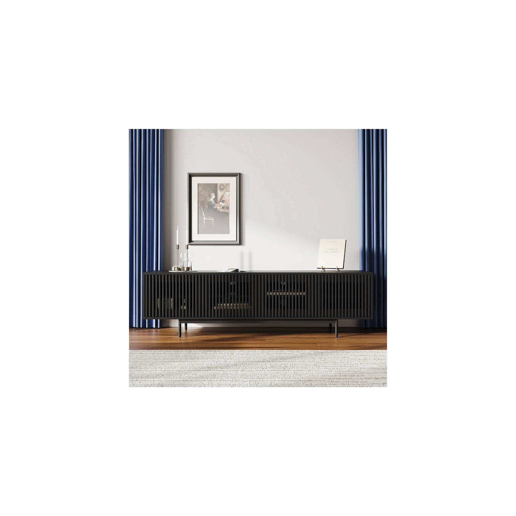 Mid-Century Modern TV Stand, 21.26" H x 78.74" W x 18.89" D, Black