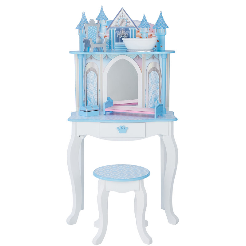 Teamson Kids Dreamland Castle 2 pièces Table de coiffeuse et tabouret avec miroir et accessoires pour poupée, Bleu / blanc