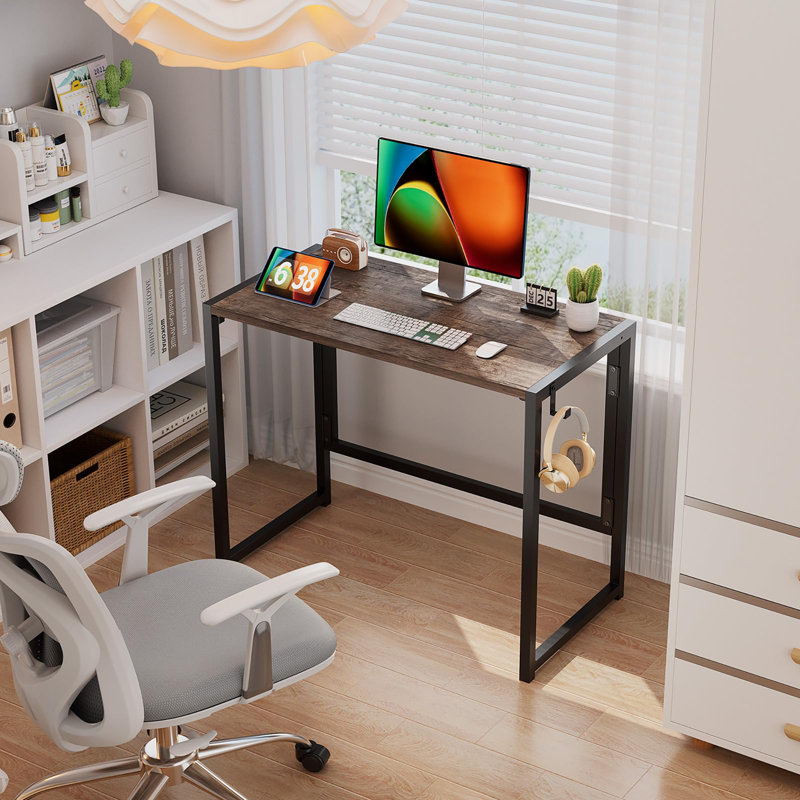 Small Folding Desk 31.5 Inch, Foldable Computer Desks with LED Lights and Monitor Stand, Work Portable Table for Bedroom Home Office