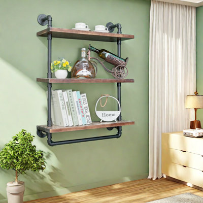 Industrial Pipe Floating Shelves With Towel Bar, 24 Inch Farmhouse Vintage Style Shelf For Bathroom, Wall Mounted (3 Tiers)