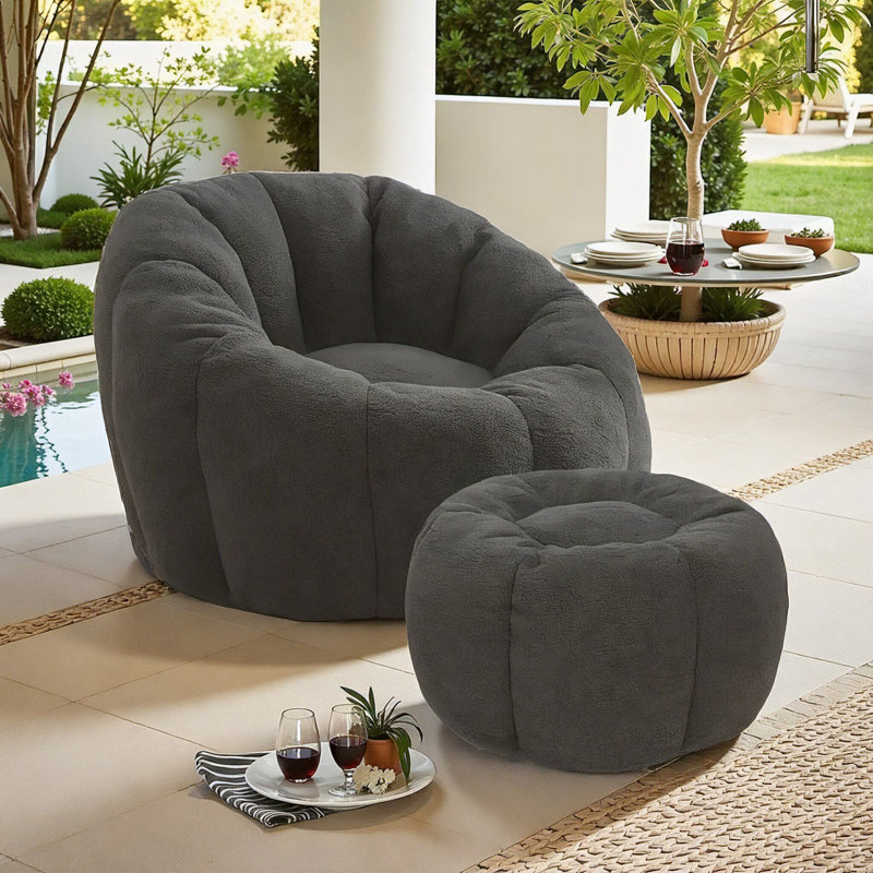Compression Comfy Pumpkin Bean Bag Couch Sofa Chair,Soft Teddy Fabric Bean Bag Chair With Ottoman, Dark Gray Teddy