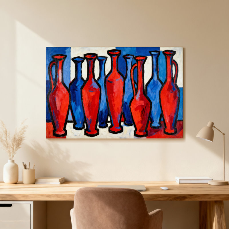 Vases rouges et bleus disposés en rangées, H 16 po x l 24 po, Toile tendue, Ne s’applique pas