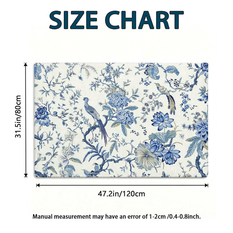 Tapis à motif floral bleu et blanc avec oiseaux, style cottage et jardin, 119 x 79 cm