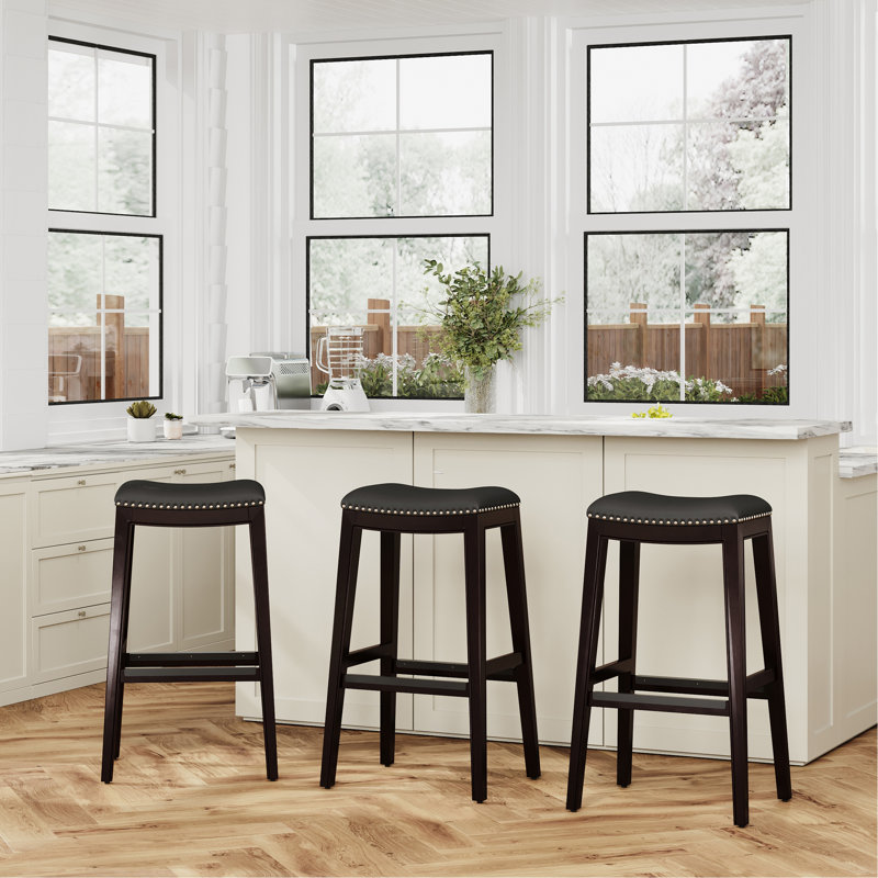 Tabouret de comptoir, siège en cuir, Cerisier, Beige
