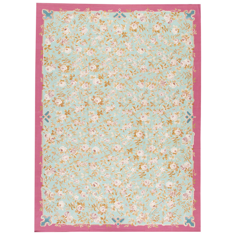 Hand-Knotted High-Quality Blue and Rose Area Rug