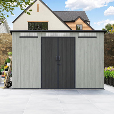 Remise de rangement extérieure en résine 6 x 11 pi avec fenêtres transparentes et évents à persiennes, remise à outils en plastique avec portes verrouillables doubles et toit incliné, remise de jardin extérieure pour la cour, le patio, la pelouse et le gris