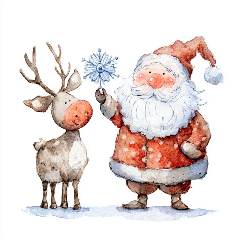 Père Noël et renne sur toile flocon de neige, H 40 po x l 40 po