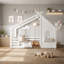 Lit simple au sol avec fenêtre et petite tablette, lit en bois massif avec toit en forme de maison, sans sommier nécessaire, blanc