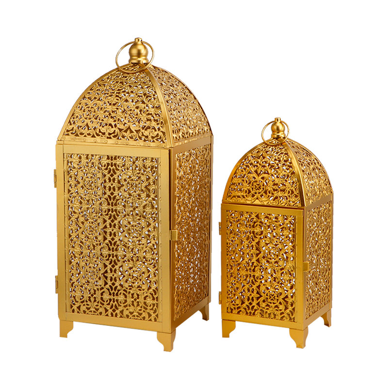 2 Piece Metal Tabletop Lantern Set, Gold