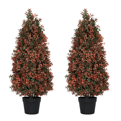Arbre topiaire artificiel en forme de buis 90 cm pour décoration de porche et patio extérieur, rouge, 2 pièces