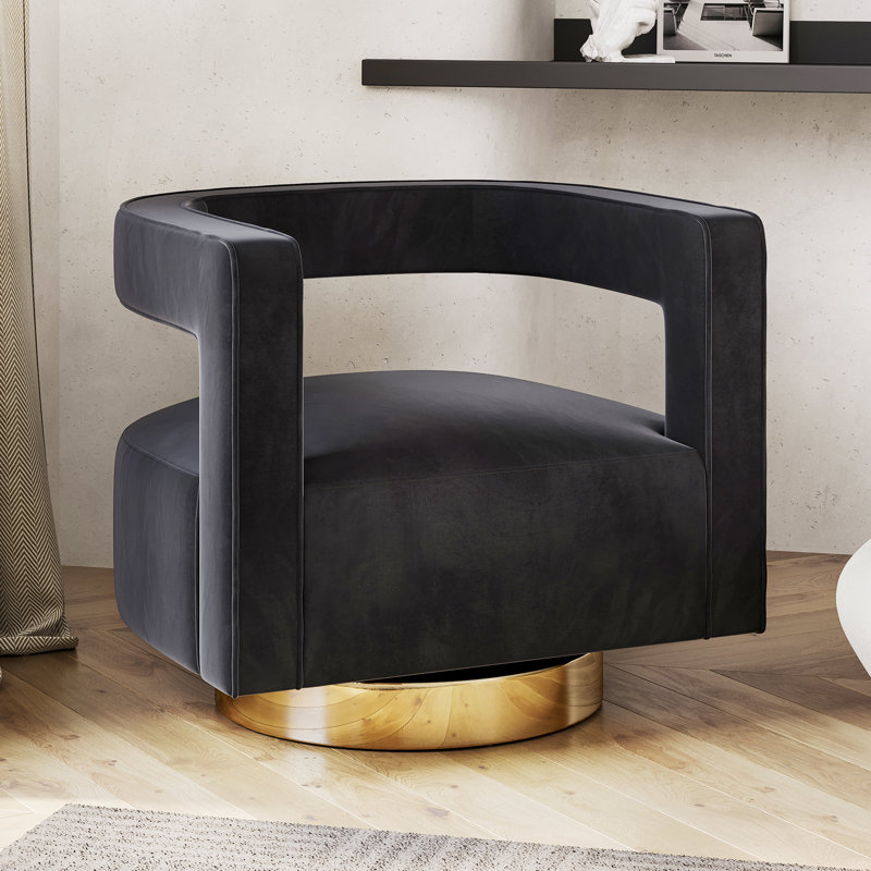 Keegan Upholstered Swivel Barrel Chair, Black Velvet, Gold
