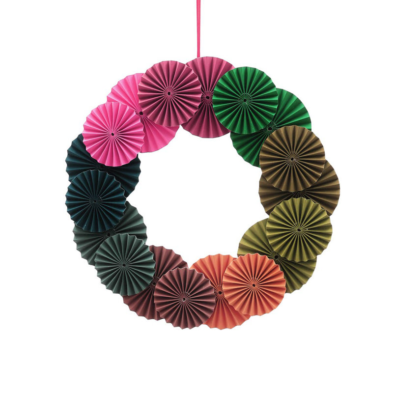 Couronne de fleurs en papier fabriquée à la main | Décoration festive multicolore, 15 po