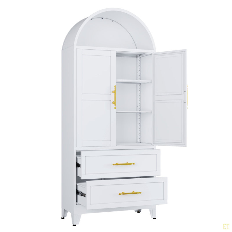 Armoire arquée en métal de 73 po de hauteur, armoires de rangement de style campagne moderne avec 2 portes et 2 tablettes réglables, garde-manger avec 2 tiroirs, armoire avec espace de rangement ouvert, bibliothèque polyvalente