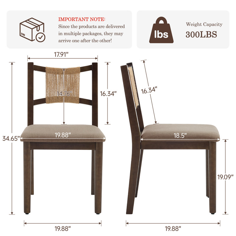 Hand-Woven Rope Dining Chair With Upholstered Seat, 6, Brown