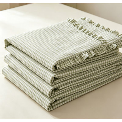 Lightweight Brushed Microfiber Plaid Sheet Set with Ruffle Detail, 4 Piece Farmhouse Bed Linens, 16" Deep Pocket Soft Bed Sheets for Bedroom Decoration