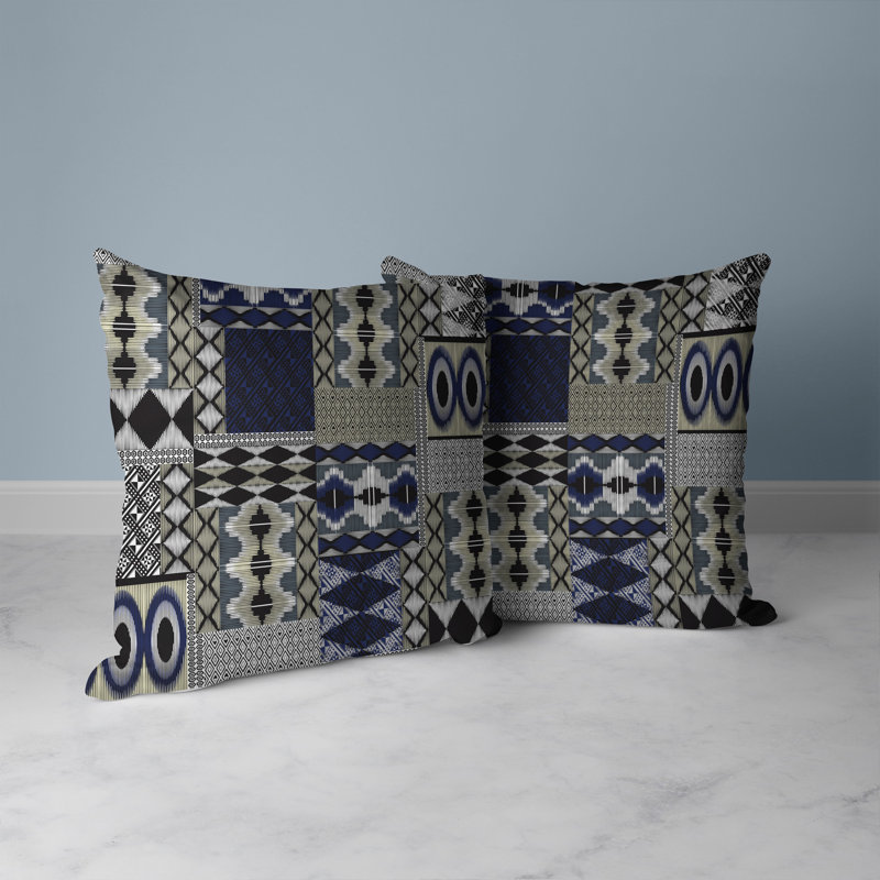 Blue and Grey Patchwork Reversible Indoor/Outdoor Throw Pillow