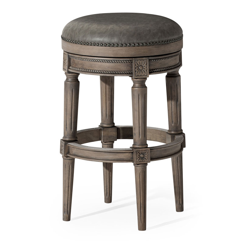 Reclaimed Oak Backless Swivel Bar Stool with Vegan Leather Seat