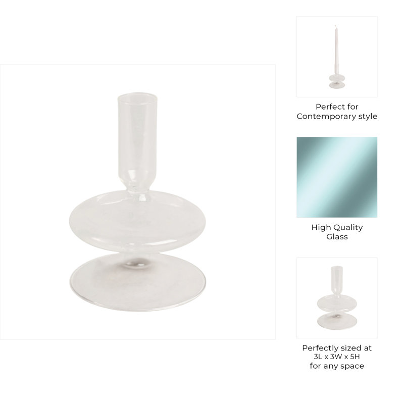 Sculptural 5" Glass Candle Holder - Modern Tabletop Candle Holder with Rounded Accent Base, Clear