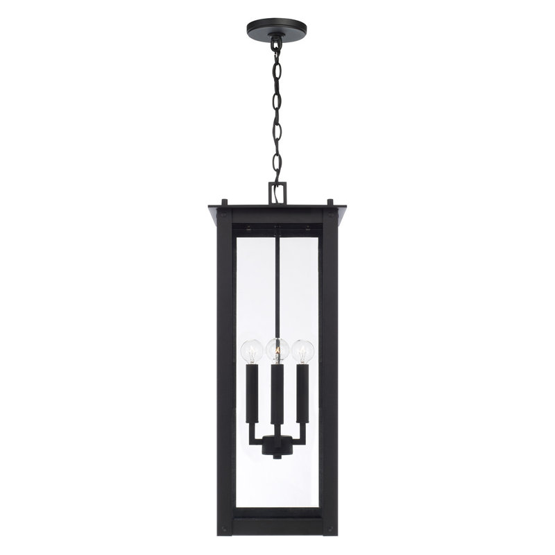 Lanterne suspendue d'extérieur 4 lumières l 11 po x H 28,5 po avec verre transparent, Noir, noir, noir, noir