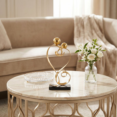 Sculpture dorée en forme de cœur avec deux sphères sur base noire, décoration de table romantique Glam pour console et tablette