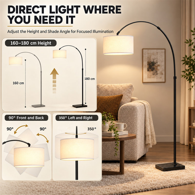 Lampe sur pied Arc, lampe sur pied avec abat-jour en lin réglable, noir