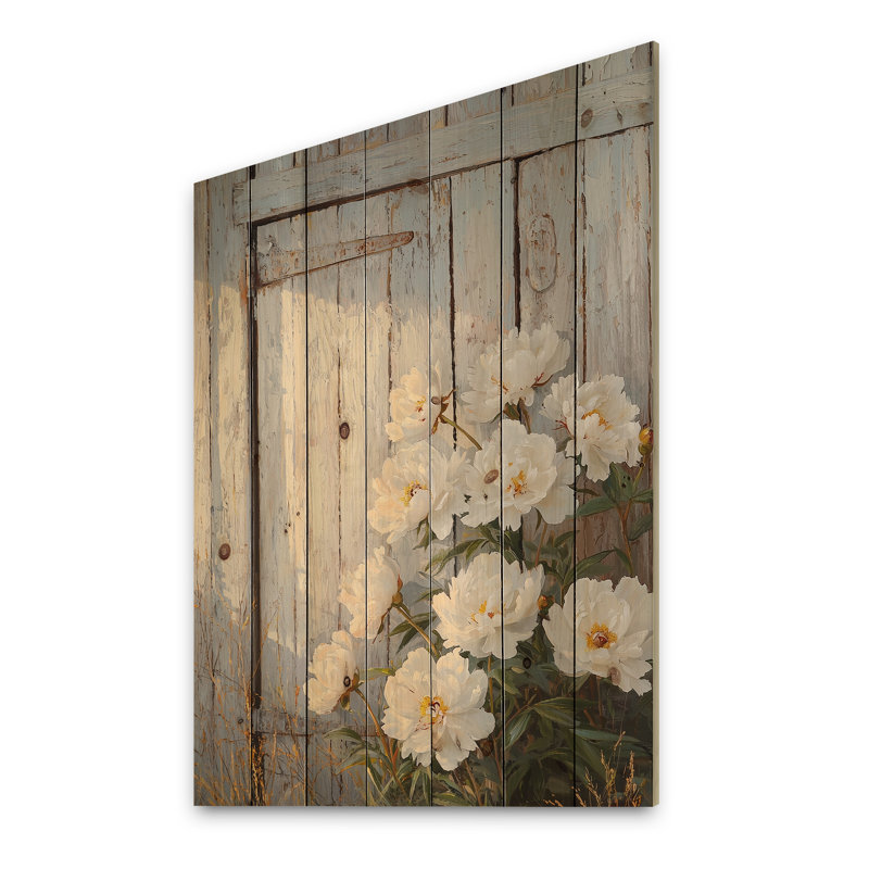 Pivoines par la porte de grange I - Décoration murale en bois de pivoines - sur bois de pin naturel