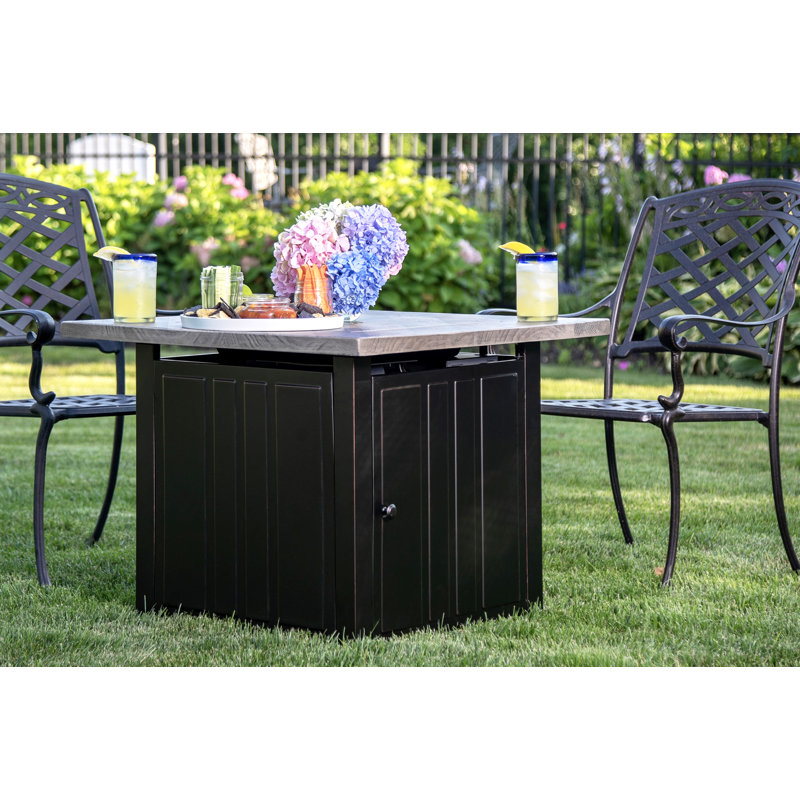Black and Gray Steel Gas Fire Pit Table with Faux Wood Mantel
