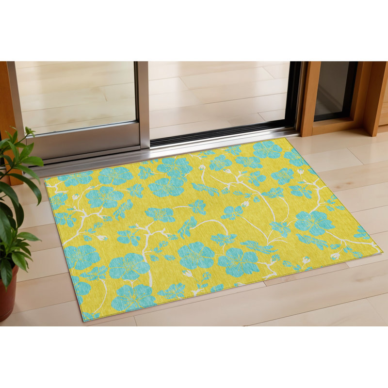 3' X 5' Yellow And Aqua Floral Washable Indoor Outdoor Area Rug