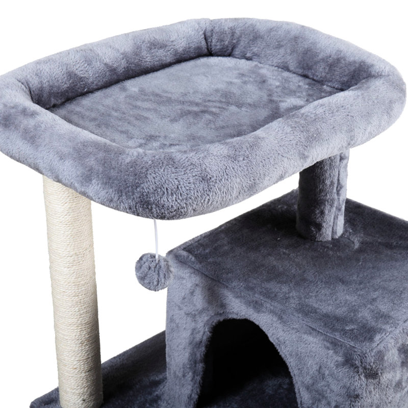 Arbre à chat à deux couches avec maison et gris, matériau en flanelle de panneau de particules, dimensions 19,7 x 17,7 x 34 po, poids de 25,26 lb, construction, espaces de repos, pour un assemblage facile et facile à assembler