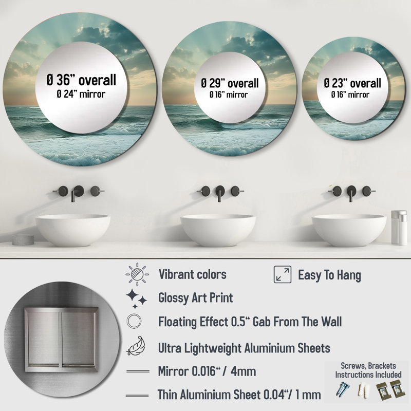 Rici Coastal Waves Scenery View - Waves Wall Mirror, Coastal Round Decorative Mirror, Printed Metal Art, 23" x 23"