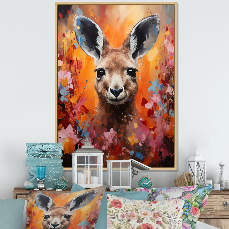 Portrait de kangourou Popart - impressions sur toile de kangourou, Cadre naturel flottant, H 32 po x l 16 po