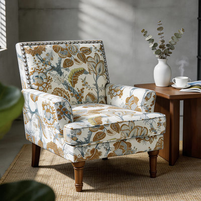 Transitional Upholstered Floral Accent Chair Armchair With Solid Wood Legs And Nailhead Trim
