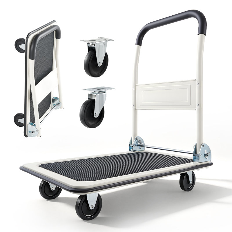 Chariot de manutention pliable, capacité de charge de 150 kg, dimensions : 74 x 48 x 83 cm, plateau pliable avec roues pivotantes, poignée de poussée compacte