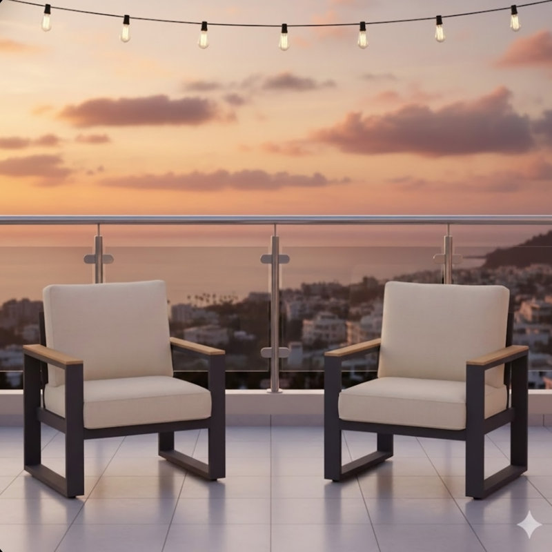 Ensemble de 2 fauteuils de patio en aluminium toutes saisons de 26,6 po avec coussins beiges épais
