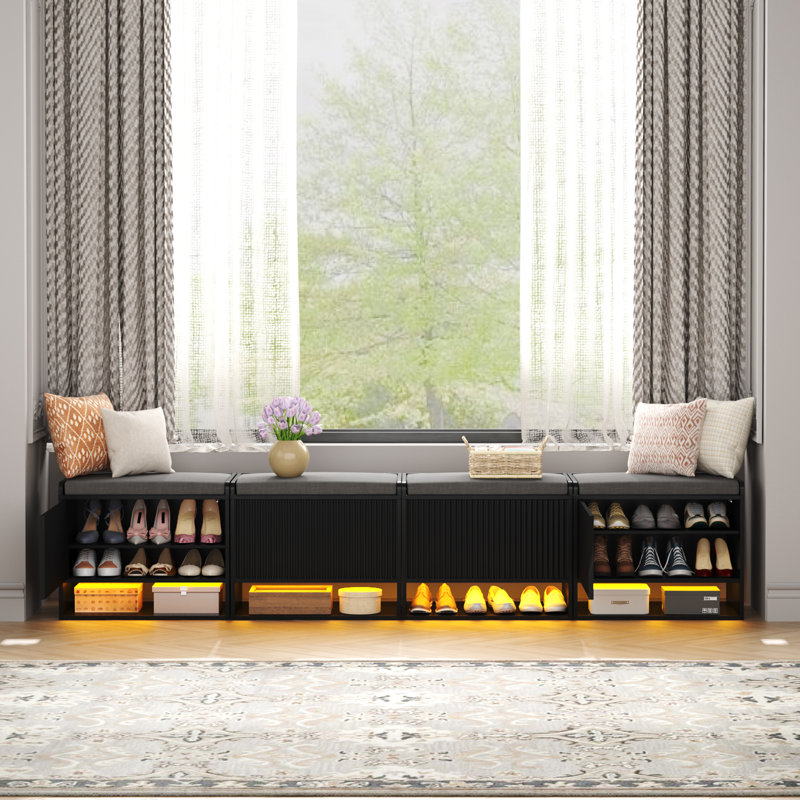 Banc de rangement à chaussures cannelé simple 23,6 po avec éclairage DEL et coussin rembourré, tabouret de changement de chaussures d'entrée avec tablette inférieure ouverte