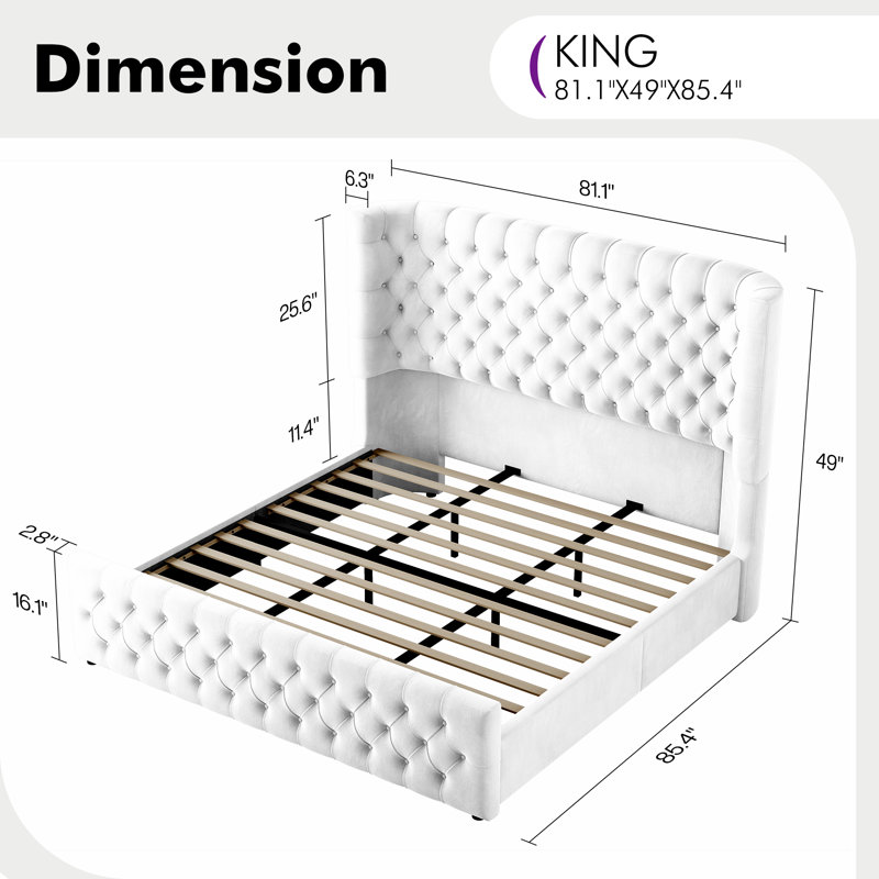 Deep Tufted Headboard Upholstered Wingback Bed, White, King