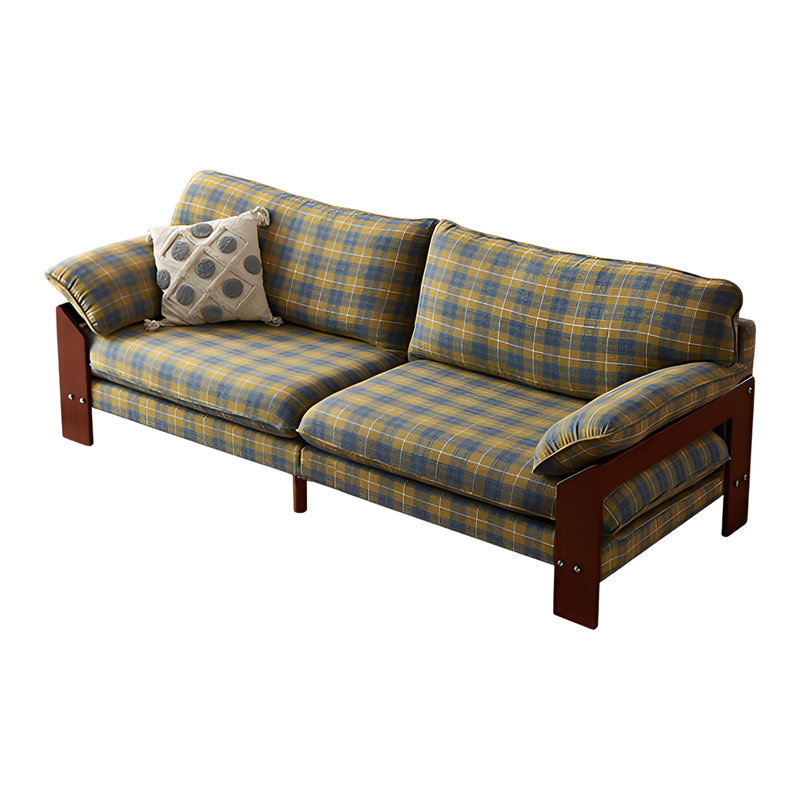 Canapé en bois de frêne à carreaux jaune et bleu American Retro, 33.46" H x 78.74" W x 37.8" D