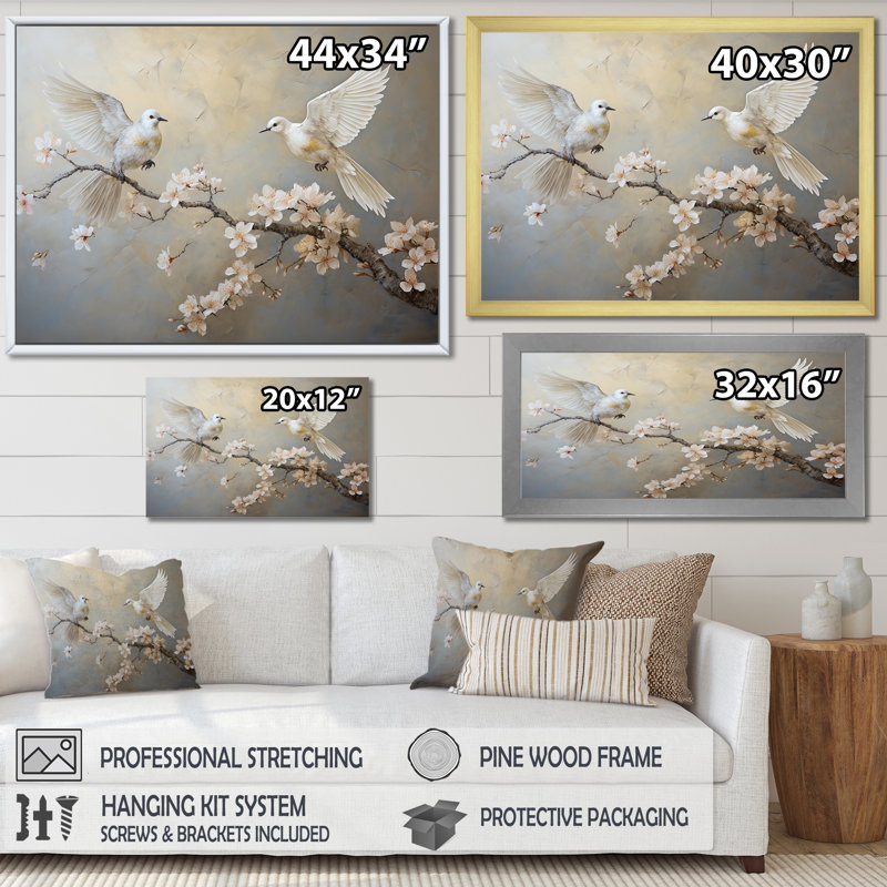 «White and Grey Birds Floral Serenity I», art mural oiseau, Toile tendue, H 12 po x l 20 po x P 1 po