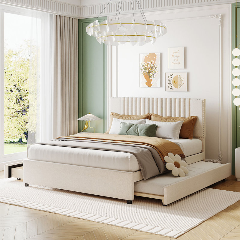 Full Size Bed With Twin Size Trundle, Double, Beige