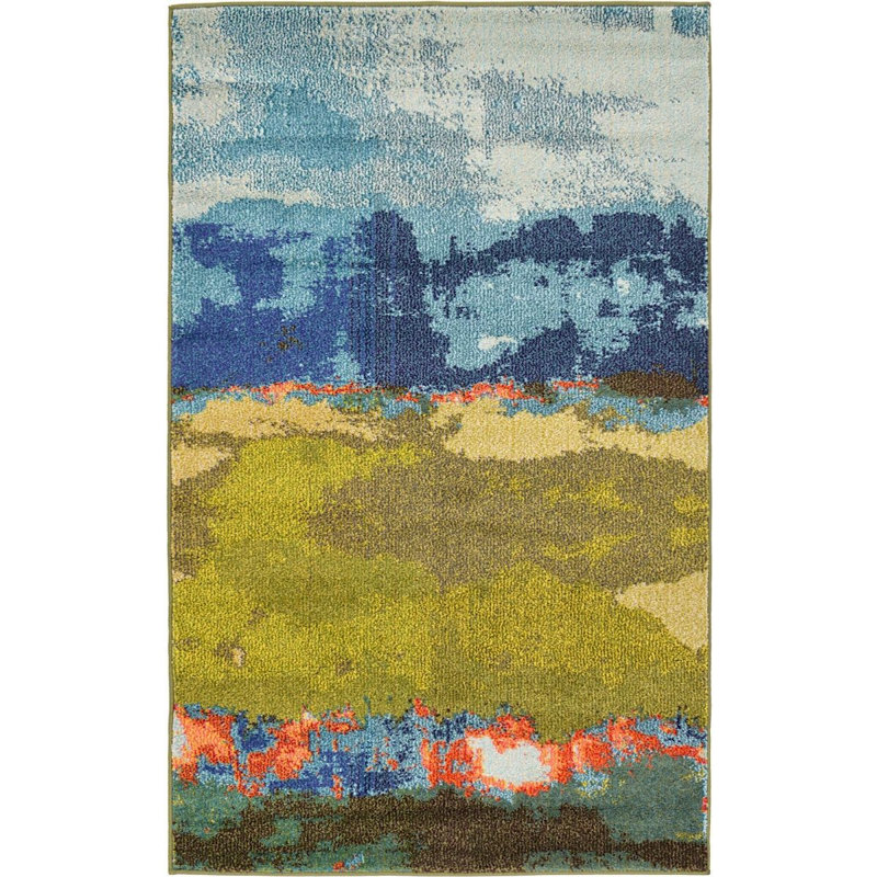 Tapis géométrique bleu clair/vert/orange shirey, Rectangle 3 pi 3 po x 5 pi 3 po