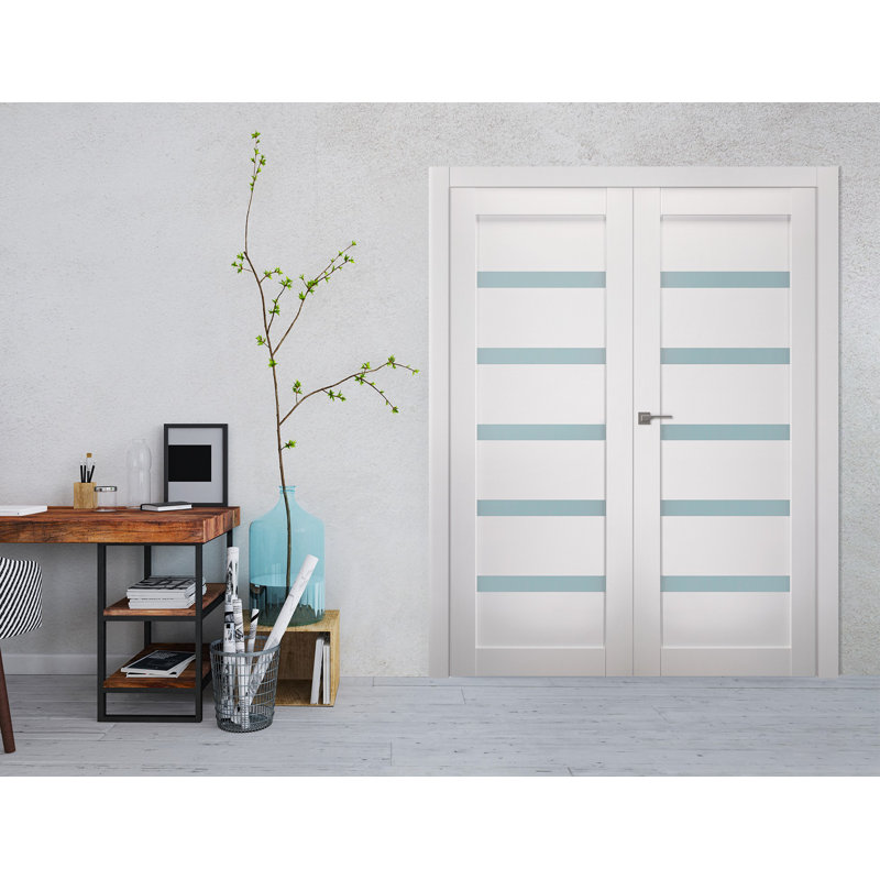 Bianco Noble Frosted Glass and Pine Composite Double French Door