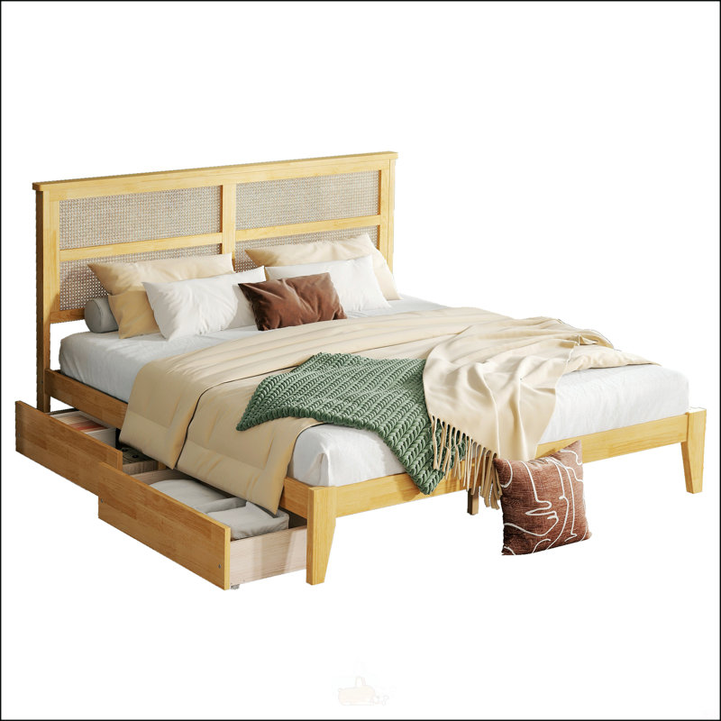 King Size Bed With Rattan Headboard, King, White Oak