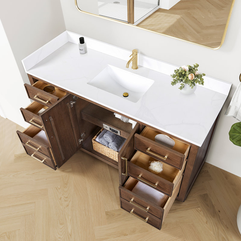 Meuble-lavabo simple 60 po avec plateau en pierre de quartz blanc Jakarta, Chêne brun foncé vieilli, Or brossé, 48"