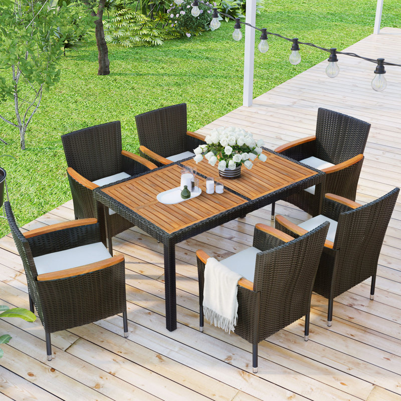 Ensemble de salle à manger d'extérieur 7 pièces, ensemble de table et chaises de jardin en osier de rotin PE, plateau de table en bois d'acacia, chaises avec accoudoirs empilables avec coussins (ensemble de salle à manger)