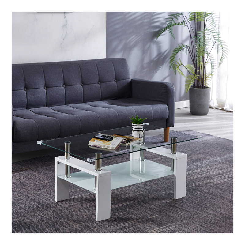 Table basse Artisan, plateau en verre trempé, pieds en acier inoxydable pour le salon, blanc