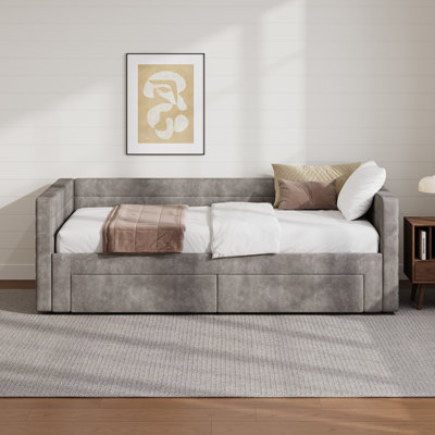 Twin Size Upholstered Extendable Daybed Frame With Trundle,Space-Saving Twin To King Design, Chenille Fabric Sofa Bed With Storage Drawers by Latitude Run