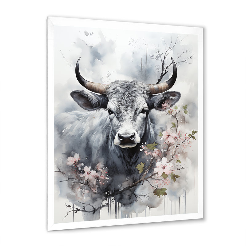 Bania, art asiatique, vache Sumi V, H 32 po x l 16 po x P 1 po, Cadre photo blanc